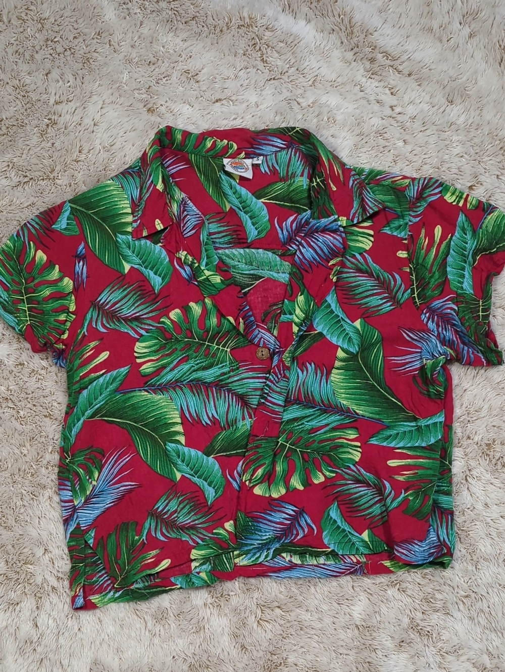 Women's Red Tropical Leaf Button-Up Shirt